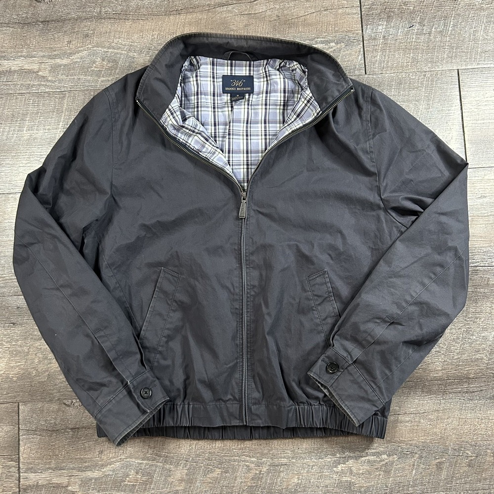 Brooks Brothers Jacket Mens M Gray Harrington Bomber Plaid Lined Coat Full Zip